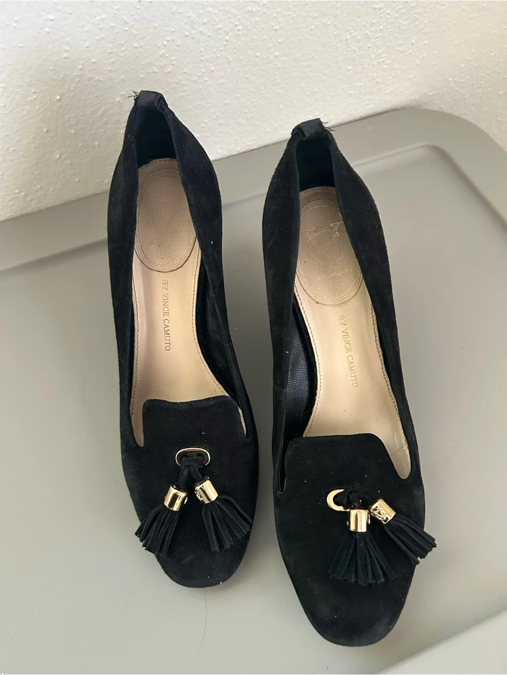 Vince Camuto Black Suede Tassel Wedge Pumps
